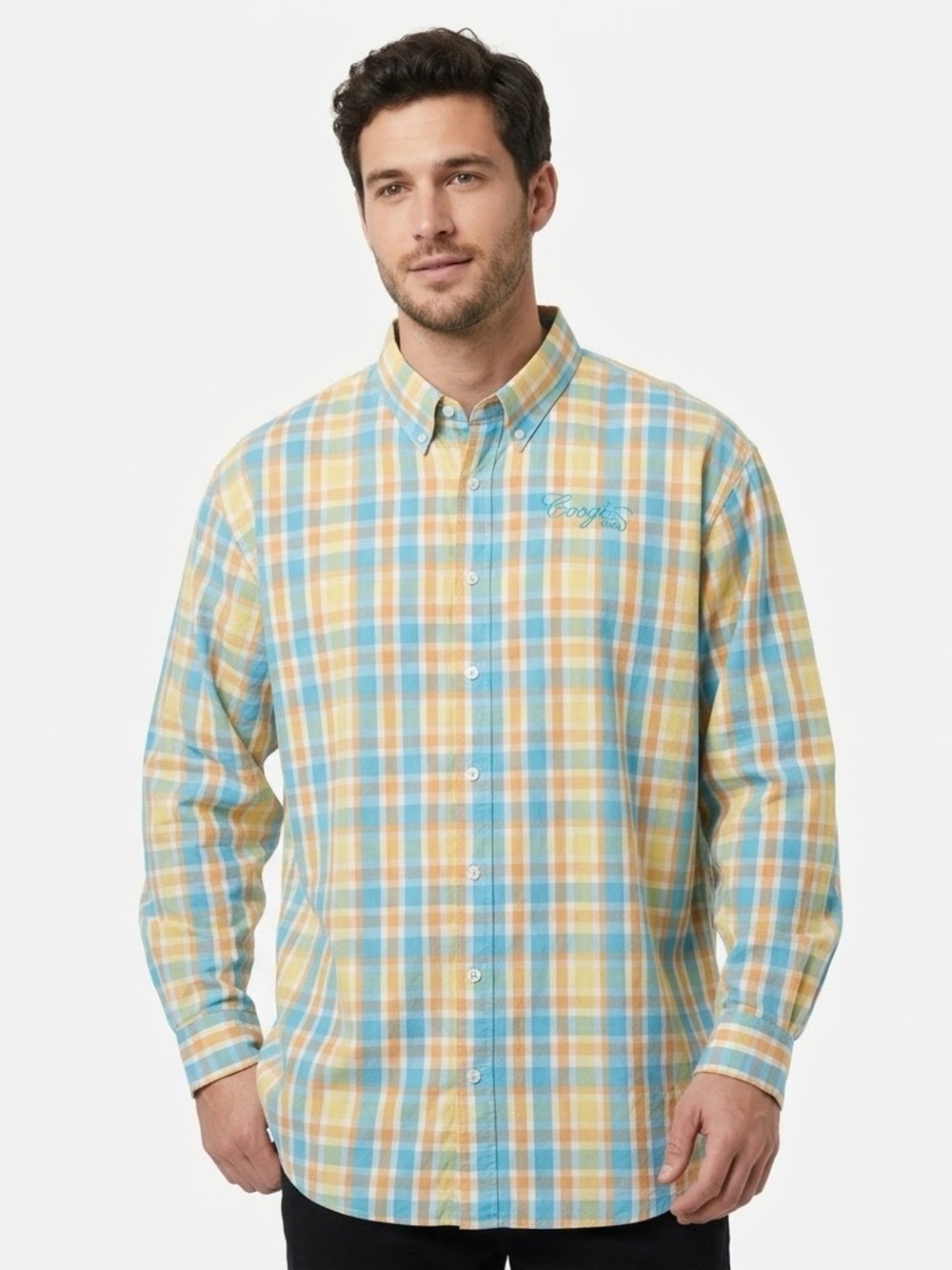 COOGI Mens 6XL Plaid Long Sleeve Button Down Shirt Blue Yellow Embroidered